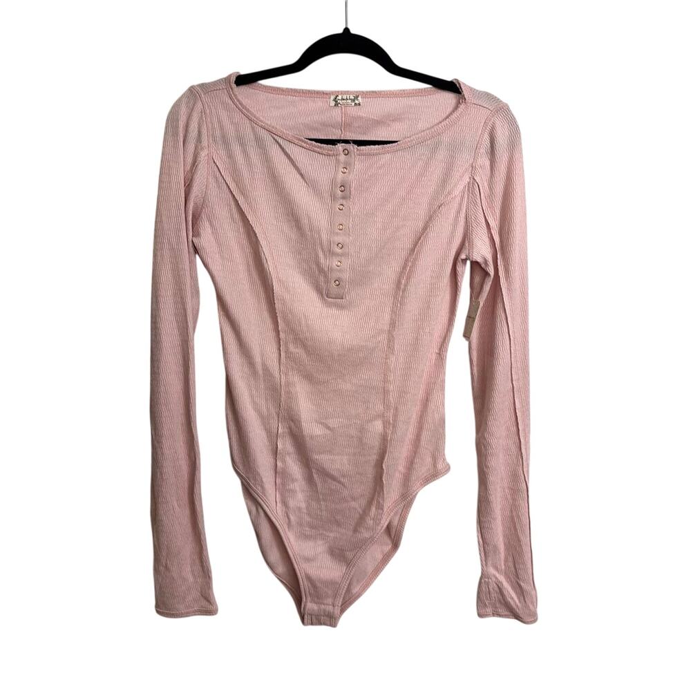 Free People Intimately Bodysuit Small Pink Nectar Sloane Henley Long Sleeve NWT